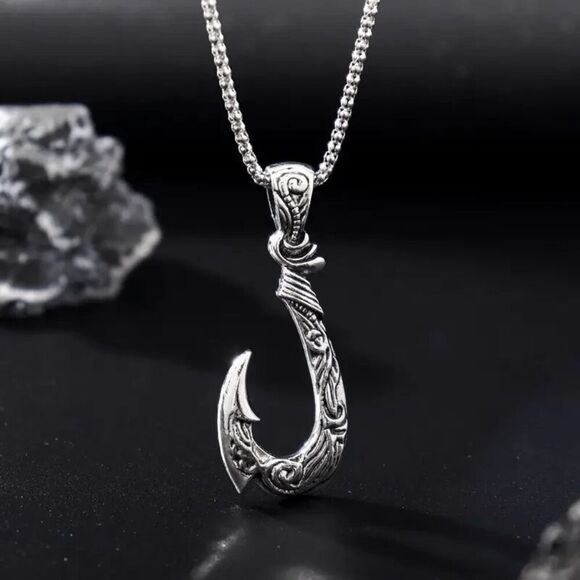 Stainless Steel Fishhook Pendant Unisex Necklace